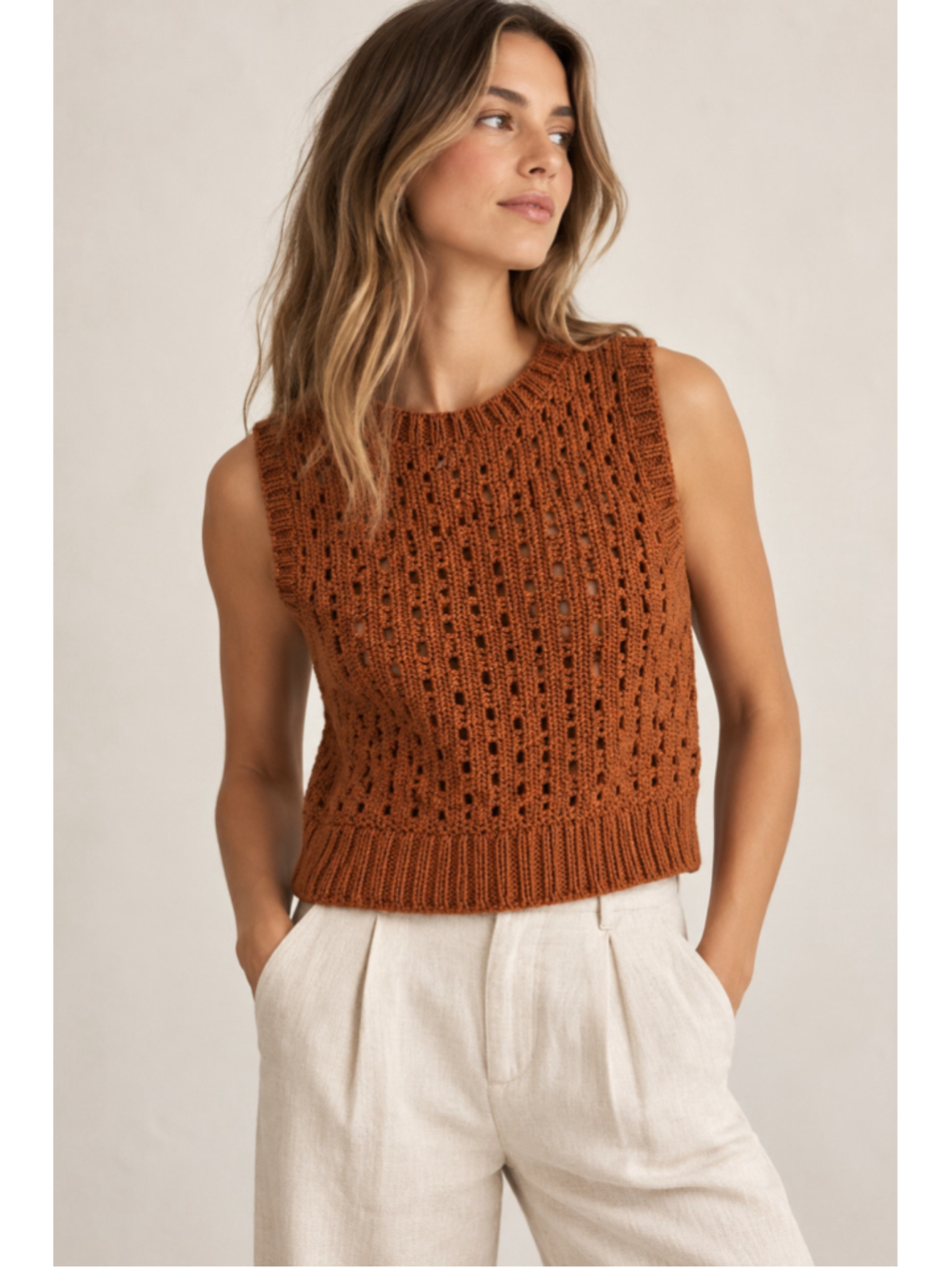 Women's AYNI Pima Cotton Knit Tank Top Sweater Vest Size S Rust Brown Revolve